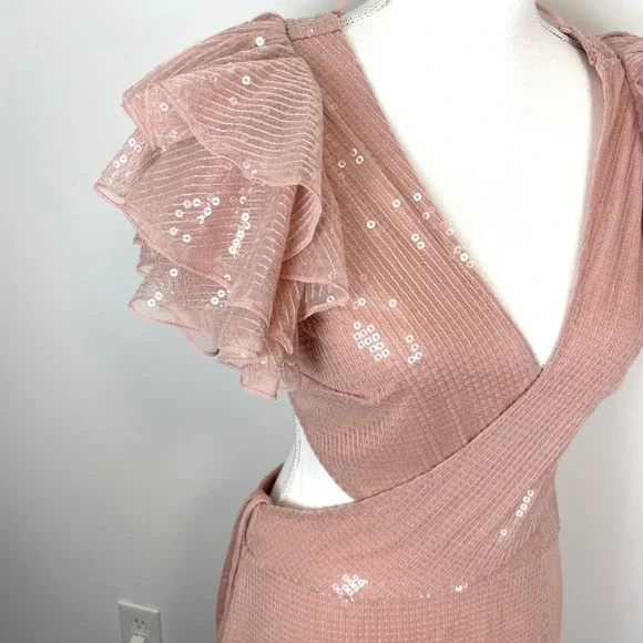 Mac Duggal Sequined Ruffled Cut Out Lace Up Gown In Rose Pink 10829 Size 8 New - Picture 6 of 16